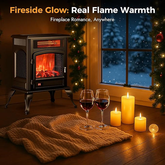 Electric Fireplace Stove Heater - Freestanding Electric Fireplace Heater with 3D Flame Effect, 1500W Infrared Electric Stove Heater for Indoor Use with Thermostat, Tip-Over&Overheat Protection