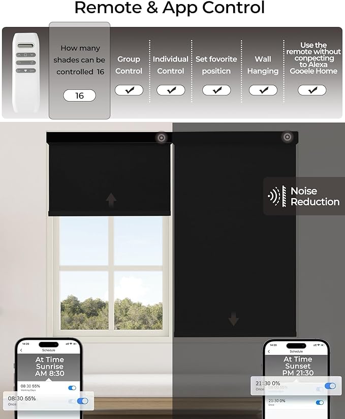 Motorized Roller Shade with Remote Control, 100% Blackout Electric 21-110” Width Blinds for Windows with Via Hub Alexa Google Home, Rechargeable Smart Automatic Customized Size（Dule Side-Black）