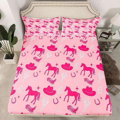 Western Cowgirl Fitted Sheet Queen Size,Retro Horseshoe Tribal Horse Boots Graffiti Bed Cover(1 Fitted Sheet+1 Pillow Case),Desert Cactus Rustic Famhouse Pink Mattress Cover