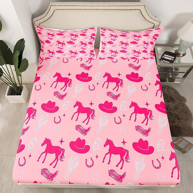 Western Cowgirl Full Size Fitted Sheet,Retro Horseshoe Tribal Horse Boots Graffiti 3 Pieces Kids Teenager Room Decor Desert Cactus Rustic Famhouse Pink Pocket 2 Pillowcases