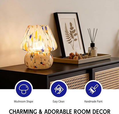 Cordless Mushroom Lamp-Modern Small Battery Operated Table Lamp with Timer for Home Decor,Aesthetic Glass Battery Powered Lamp for Bedroom/Kitchen/Living Room/Shelf Decor(White&Blue)
