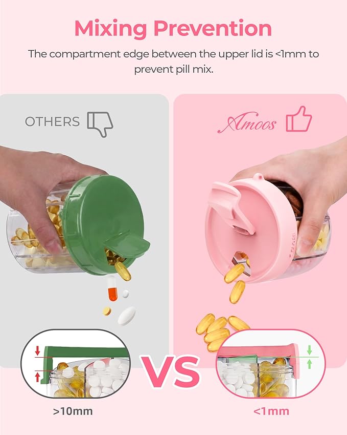 Cute Pill Dispenser with 7 Compartments, Pill Bottle Organizer with Anti-Mix Design, Portable Pill Organizer for Travel with Wide Mouth for Easy Access, BPA-Free Patented Pill Container, Pink