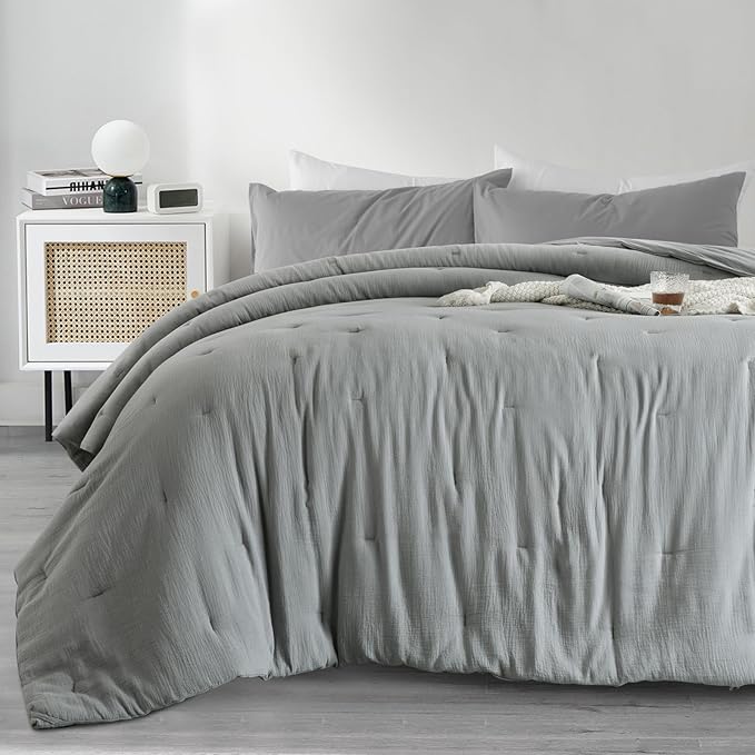HOMBYS 100% Cotton Muslin Comforter Oversized King 120x120, Lightweight and Breathable Down Alternative Comforter,Soft Gauze Summer Light Grey Reversible Fluffy Duvet Insert