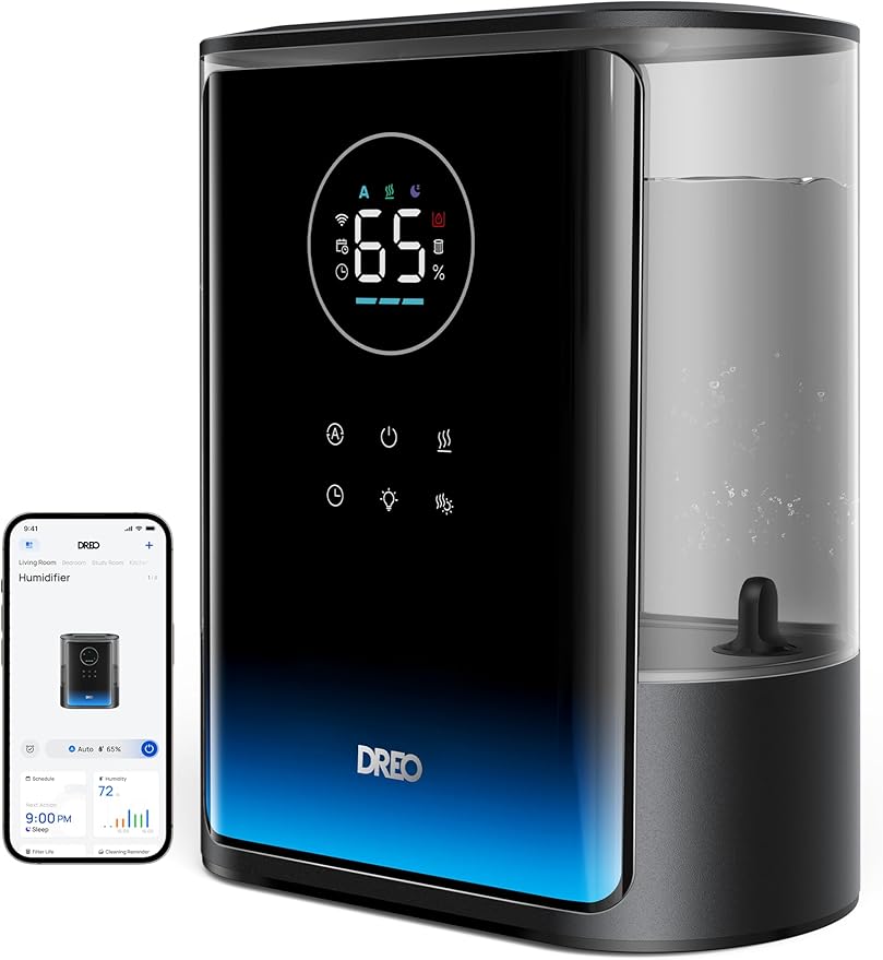 DREO 8L Smart Humidifiers for Bedroom 600ft², 80H Runtime Warm&Cool Supersized Mist Humidifier for Large Room Indoor, Quiet Whole House humidifier for Baby, Plants, with Alexa/Google, Black, HM717S