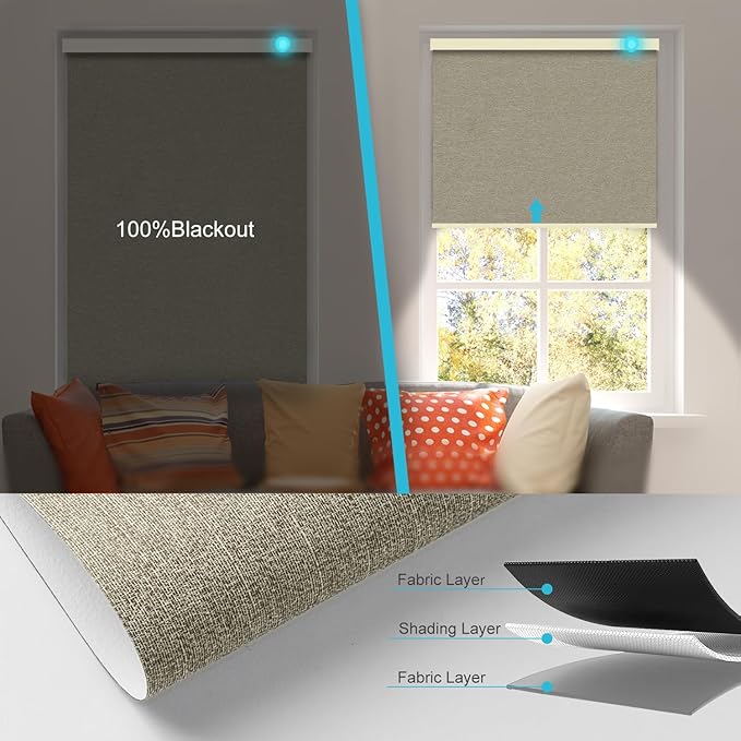 Motorized Blinds with Remote, 100% Blackout Smart Blind Roller Shades Compatible with Alexa Homekit, Automatic Electric Shades for Windows Customized Size（Elegant-Khaki）