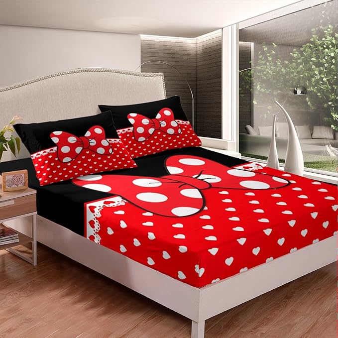 Manfei Bowknot Kids Fitted Sheet Queen Size,Bow-tie White Dots Love Heart Romantic Bedding Set,Girls Women Room Decor,Castle Princess Dreamy Bed Cover,Red Black Girly Bed Sheet,2 Pillowcases