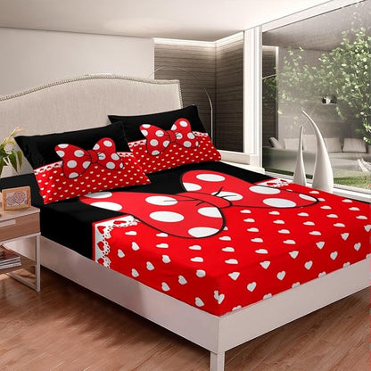Manfei Bowknot Kids Fitted Sheet Queen Size,Bow-tie White Dots Love Heart Romantic Bedding Set,Girls Women Room Decor,Castle Princess Dreamy Bed Cover,Red Black Girly Bed Sheet,2 Pillowcases