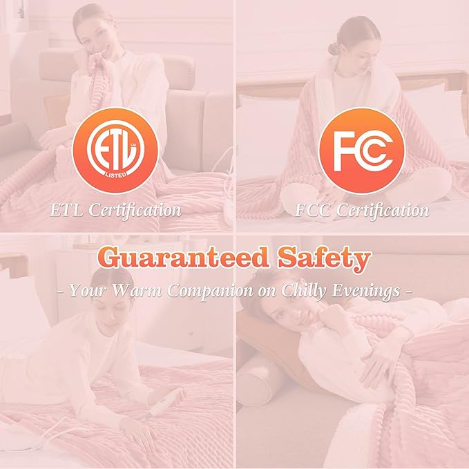 Heated Blanket Electric Throw 50"x60" Heating Blanket 450gsm Ribbed Flannel Sherpa Ultra-Soft with 5 Heating Levels and 4 Hour Auto Off, ETL & FCC Certified Electric Blanket, Great Winter Gift, Pink