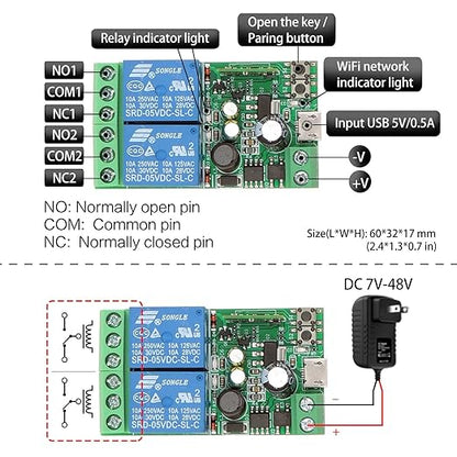 DieseRC 2x2 Channels WiFi Smart Switch with 1x Bluetooth Transmitter, DC 5V 12V 24V Passive Output Relay Module Ewelink APP WiFi Control Compatible with Alexa/Google Home, Inching/Self-Locking Switch
