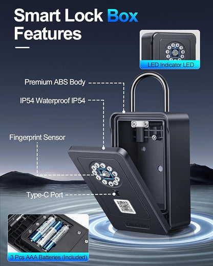 Smart Key Lock Box, ELECTOP Fingerprint Lock Box Bluetooth Key Box with App Control & Passcode, Waterproof Wall Mounted & Door Hanging Security Key Lock Box for House Key, Realtor, Office, Garage