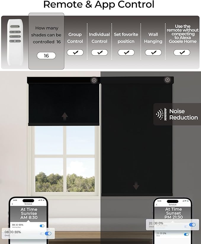 Motorized Roller Shade with Remote Control, 100% Blackout Electric 21-110” Width Blinds for Windows with Alexa Google Home, Rechargeable Smart Automatic Customized Size（Waterproof-Black）