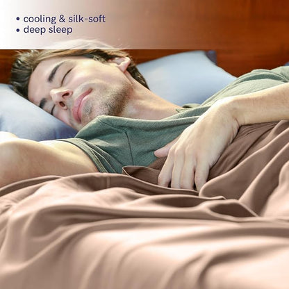YnM Cooling Bed Sheet Set with 100 Percent Rayon Derived from Bamboo, 400TC Fabric with 1 Pillowcase and Flat Sheet, Deep Pocket Fit 19'', Silky-Soft & Sweat Wicking, 3 Piece (Twin, Brown)