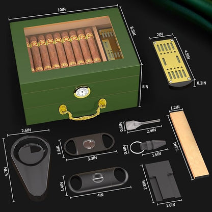 Cigar Humidor Box - Spanish Cedar Small Table Top Humidors for 20-50 Cigars with Accessories and Humidifier - Storage Drawer - Stylish Desktop Cigar Holder for Men - Portable Travel Case Emerald Green
