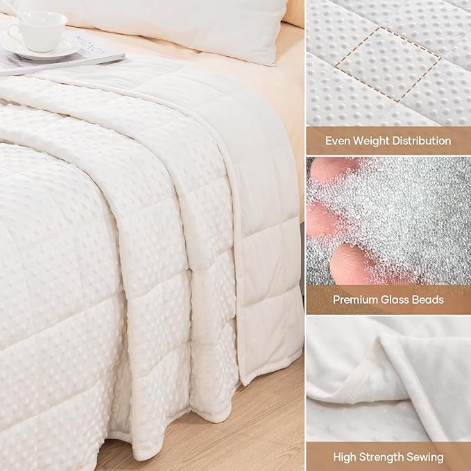 Wemore Minky Dot Weighted Blanket for Adults Queen Size 20 lbs, Soft Heavy Blanket for Stress Relief and Sleep Promotion, Breathable Blanket for All-Season with Glass Beads, White 60 x 80 inches