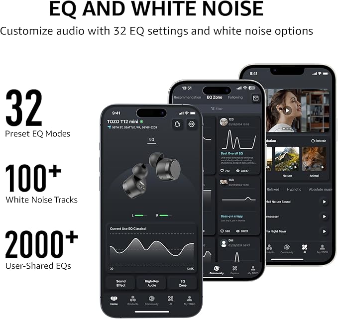 TOZO Wireless Earbuds Bluetooth 5.3 Headphones, Call ENC Noise Cancelling Mic, 55Hrs Playtime App Customize EQ IPX8 Waterproof LED Digital Display Premium Sound Headset