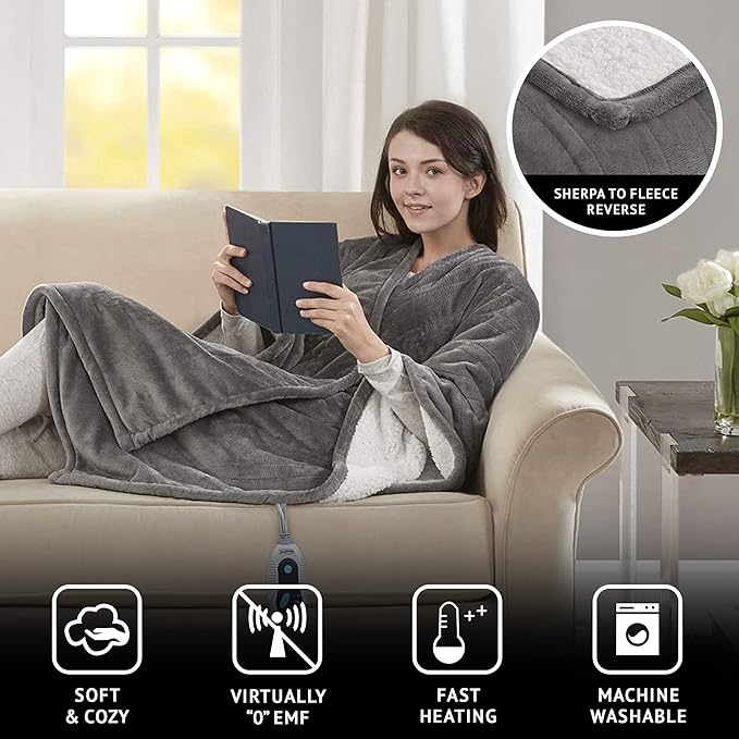 Beautyrest Wearable Electric Poncho Wrap Blanket, Ultra Soft Sherpa & Berber Fleece Heated Throw with Low EMF,UL Certified & OEKO-TEX,3 Heat Settings & 2 Hour Auto Shutoff, Gift-Ready, 50" x 64",Grey