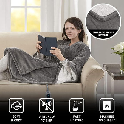 Beautyrest Wearable Electric Poncho Wrap Blanket, Ultra Soft Sherpa & Berber Fleece Heated Throw with Low EMF,UL Certified & OEKO-TEX,3 Heat Settings & 2 Hour Auto Shutoff, Gift-Ready, 50" x 64",Grey