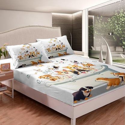 Bathing Puppy Fitted Sheet Twin Size,Cute Animals Watercolor Corgi Dog Bedding All-Round Elastic Pocket,Kawaii Dog 3D Bathtub Bed Sheet 2 Pieces Fits Mattress(No Flat Sheet)