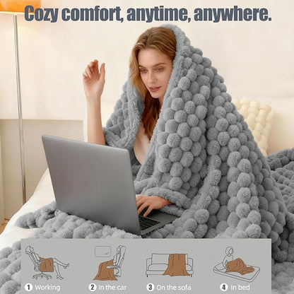 Heated Blanket Throw 50" x 60" Soft Ribbed Faux Fur Flannel Fast Heating 12 Heat Levels 1–12H Timer & Overheat Protection & Auto Shut-Off & ETL FCC & Machine Washable Heated Throw