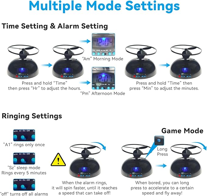 Flying Alarm Clock with Helicopter Propeller – Moving Alarm Clock on Wheels for Heavy Sleepers, Digital LED Run Away Gadget Clock, Creative Gift for Bedroom & Office Use