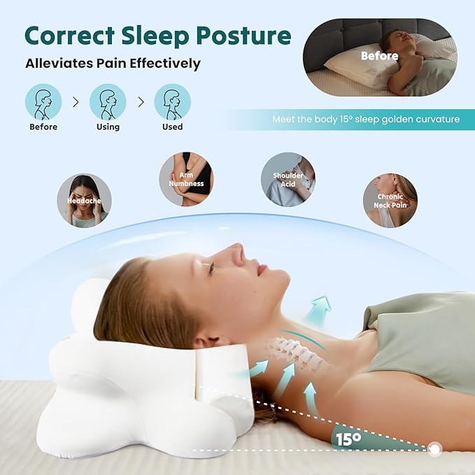 Sweetcrispy Cervical Neck Pillow - Contour Memory Foam Pillow for Neck Pain Relief with Cooling Pillowcase, Ergonomic Orthopedic Support for Side Back Stomach Sleepers, White
