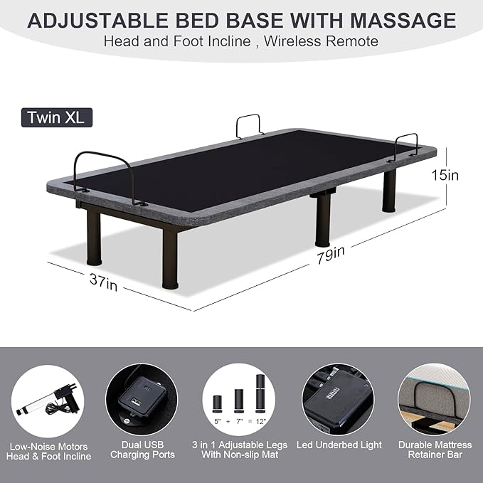 Vipbear Twin XL Adjustable Beds with Thickened Frame, Adjustable Bed Frame with with Wireless Remote, Separate Head/Foot Lift, Massage, Zero Gravity,USB Ports, Adjustable Bed Bases with Sturdy Metal