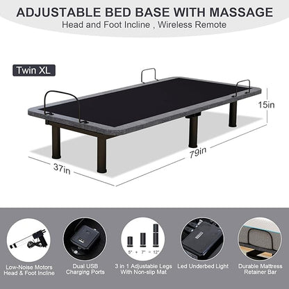 Vipbear Twin XL Adjustable Beds with Thickened Frame, Adjustable Bed Frame with with Wireless Remote, Separate Head/Foot Lift, Massage, Zero Gravity,USB Ports, Adjustable Bed Bases with Sturdy Metal