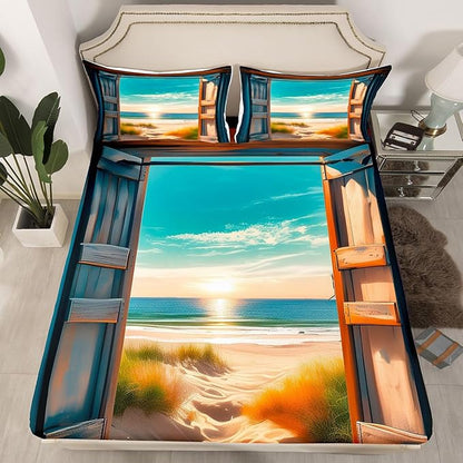 Beach Kids Queen Size Fitted Sheet,Coastal Ocean Hawaii Sea Room Decor,Nautical Wooden Door Seaside Boys Girls Bed Sheets,Blue Brown Bedding Set,2 Pillowcases(No Flat)