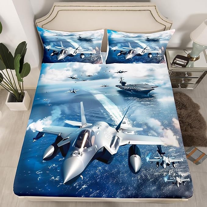 Fighter Aricraft Kids Fitted Sheet Full Size,Warplane Warship Ocean Waves Bedding Set,Boys Men Room Decor,Aviation Theme Modern Fashion Bed Cover,Blue Bed Sheet,2 Pillowcases