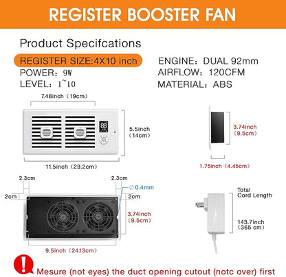 Register Booster Fan,10-Speed Smart Thermostat AC Vent Fan with Timer Setting and Aroma Function, Air Vents Fans & Heating for Wal (White, 4" x 10")
