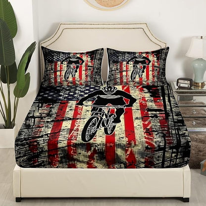 Manfei Cycling Fitted Sheet Full Size, American Flag Bicycle Player Bedding Set 3pcs, Racing Sports Theme Bed Cover with 2 Pillowcases, Kids Boys Teens Room Decor, Soft Bedding(No Top Sheet)