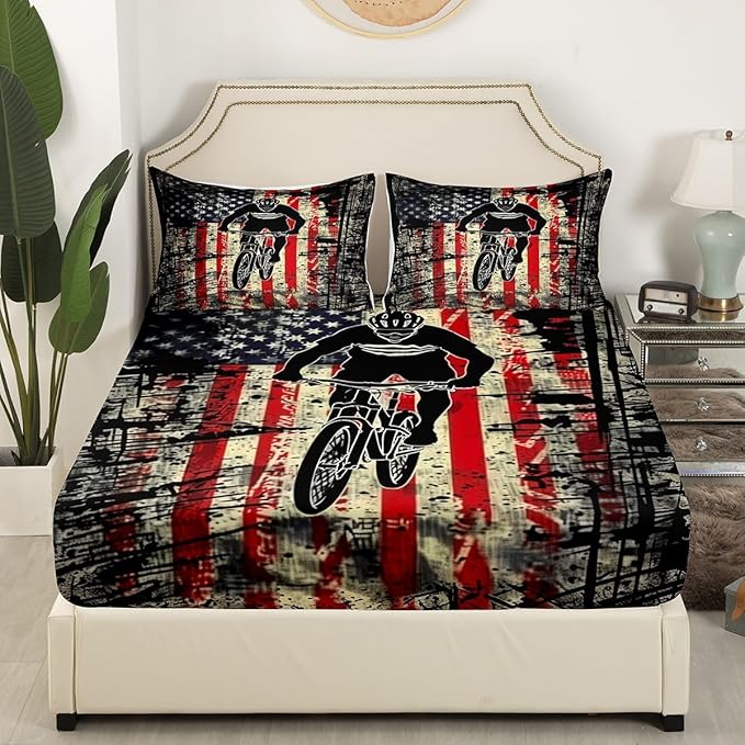 Manfei Cycling Fitted Sheet Twin Size, American Flag Bicycle Player Bedding Set 2pcs, Racing Sports Theme Bed Cover with 1 Pillowcase, Kids Boys Teens Room Decor, Soft Bedding(No Top Sheet)