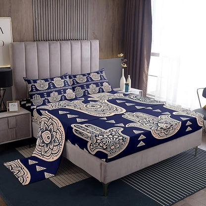 Hamsa Hand Kids Sheet Full Size,Boho Lucky Hand of Fatima Bedding Set,Boys Girls Adults Room Decor,Mandala Flowers Geometric Abstract Blue Exotic Bed Sheet Set 4pcs(Fitted + Flat + 2 Pillowcases)