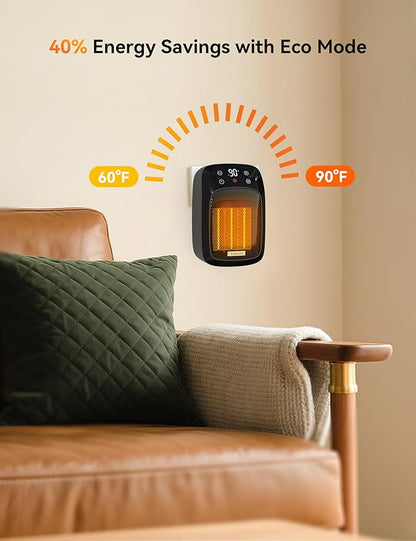 Brightown Wall Plug-in Heater for Indoor Use, 800W Small Electric Space Heater with Thermostat, Remote Control, Overheat Protection, LED Display, 12H Timer for Home Bedroom Office RV, Black