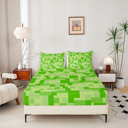 Pixelated Blocks Kids Full Size Fitted Sheet,Video Games Abstract Gamepad Boys Girls Bed Sheets,Geometric Grid Patchwork Room Decor,Light Green Bedding Set,2 Pillowcases(No Flat)