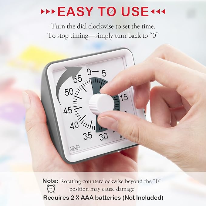 Secura 60-Minute Visual Countdown Timer for Kids & Adults, Classroom Time Management Tool (Gray & Dark Gray)