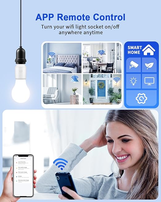 Remote Control Light Socket with Wifi(2.4G Only), Smart WiFi & Bluetooth & RF433 E26 E27 Light Bulb Adapter & Wireless Wall Switch, Remote and APP Control, Voice Control with Alexa and Google