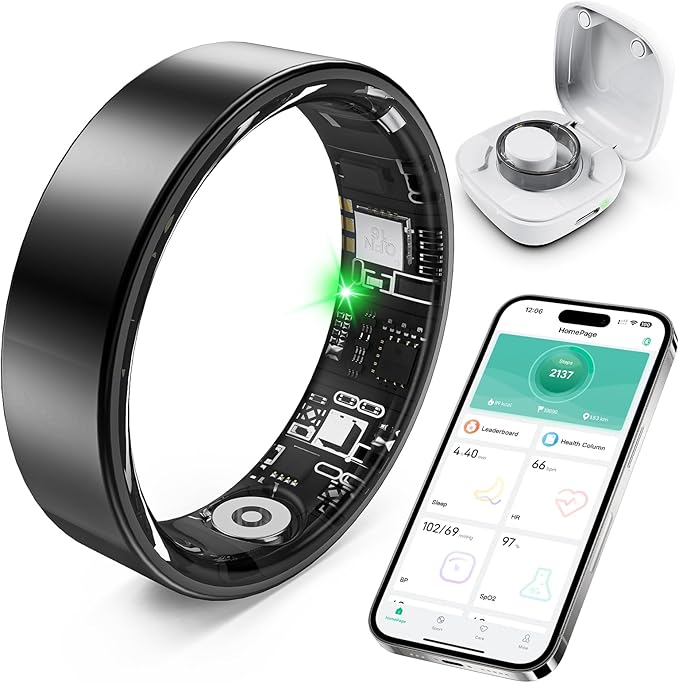 Smart Ring with Sleep Monitoring, Step Counting, Heart Rate, Blood Oxygen for iPhone and Android, No Subscription Fee, IP68 Waterproof Health Tracker (Black, 8)