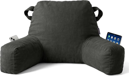 Portable Comfy Reading Pillows for Bed Sitting Up(Grey Oeko-Tex), Velvet Back Pillow with Arms & Pockets for Adults, Support Memory Foam Bed Pillow for Dorm/Reading/Watching/Gaming