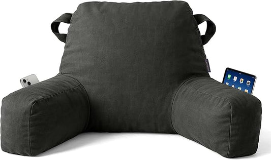Portable Comfy Reading Pillows for Bed Sitting Up(Grey Oeko-Tex), Velvet Back Pillow with Arms & Pockets for Adults, Support Memory Foam Bed Pillow for Dorm/Reading/Watching/Gaming