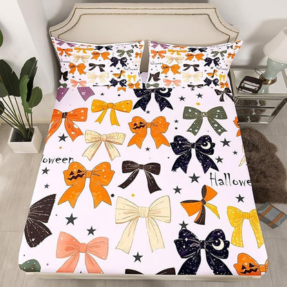 Halloween Bowknots Bed Sheet Set Princess Bow-tie Dreamy Girly Bow Fitted Sheet for Ultra Soft Halloween Pumpkin Starry Moon Glitter Purple Bedding Cover Set Room Decor Queen (No Flat Sheet)