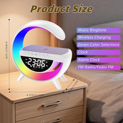 Wireless Charging Table Lamp, Multifunctional Bluetooth Speaker & Alarm Clock - LED Bedside Desk Lamp Night Light for Heavy Sleepers, Superfine Bedroom Home Decoration (White)