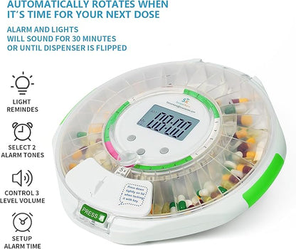 28-Day Bluetooth Automatic Pill Dispenser with Visual & Audio Alerts, 9 Dosage Templates, up to 9 Alarms/Day, Medication Organizer w/Lock Key for Vitamins, Prescriptions & More, Clear Lid