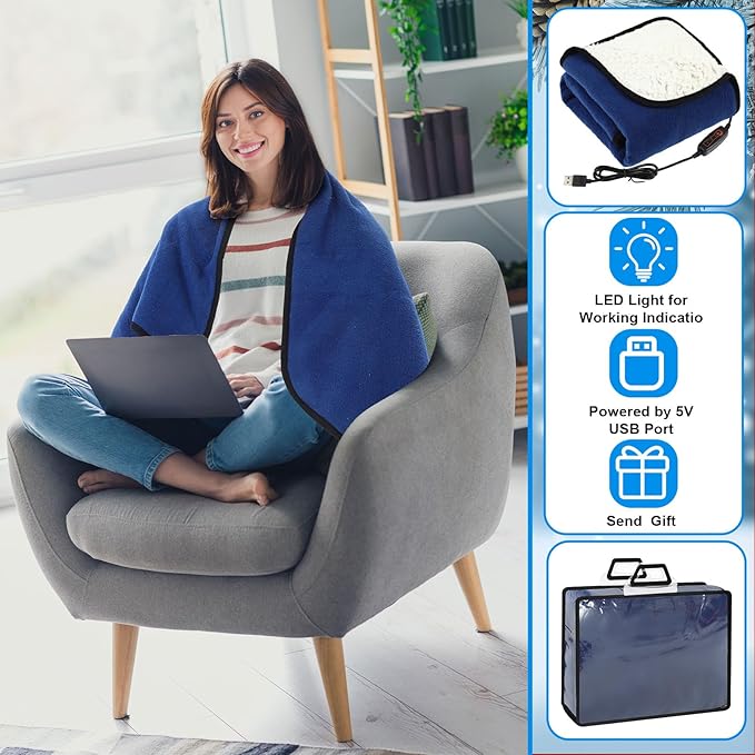 Tuanse 2 Pcs USB Heated Blanket 25"x35" Small Portable 5v 3 Setting Electric Blanket with Timer and Temperature Controller Winter Wearable Recharge Throw for Travel Home(Navy Blue)