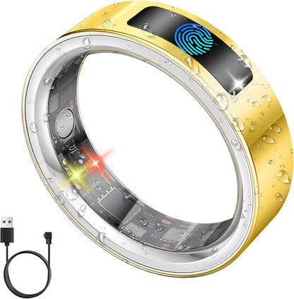 Smart Health Ring for Women Men, Vibration Alert, Touch Control, Fitness Tracker Ring with Sleep/Women's Health/Heart Rate/Steps, IP68 Waterproof for iPhone and Android, Gold 9, No Subscription