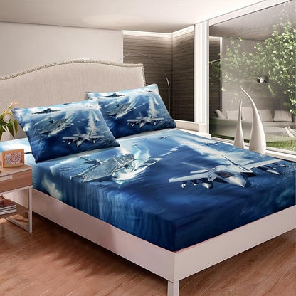 Warplane Kids Fitted Sheet Full Size,Aviation Aircraft Warship Bedding Set,Boys Men Room Decor,Modern Fighter Airplane Fashion Bed Cover,Ocean Blue Bed Sheet,2 Pillowcases