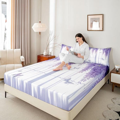 Lavender Kids Full Size Fitted Sheet,Floral Butterfly Spring Boys Girls Bed Sheets,Lilac Flower Leaves Dreamy Room Decor,Purple Bedding Set,2 Pillowcases(No Flat)