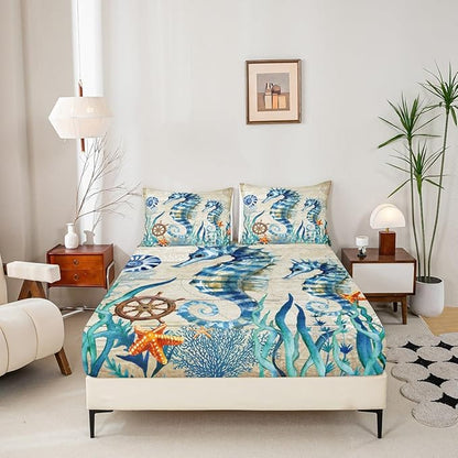 Seahorse Sheet Set Full Ocean Animal Bed Sheet Set 4pcs with Deep Pocket Fitted Sheet + Flat Sheet + 2 Pillowcases Teal Blue Sea Horse Marine Mediterranean Style Bedding Set for Kids Teens Room Decor