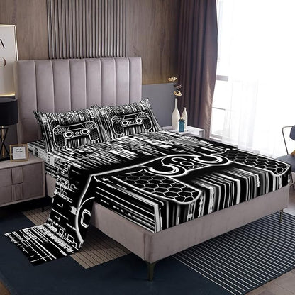 Gamepad Kids Sheet King Size,Honeycomb Hexagon Geometric Fashion Bedding Set,Boys Girls Room Decor,Modern Videogaming Gamer Controller Black White Bed Sheet Set 4pcs(Fitted + Flat + 2 Pillowcases)