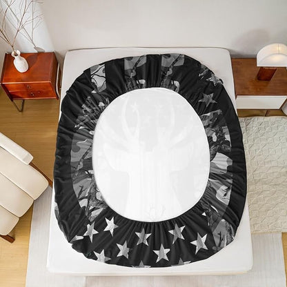 Camouflage American Flag Sheet Set Full,Deer Antlers Silhouette Bedding Set for Kids Teens Adults, Wild Animal Natural Camo Bed Sheet 4pcs with Deep Pocket Fitted Sheet + Flat Sheet + 2 Pillowcases